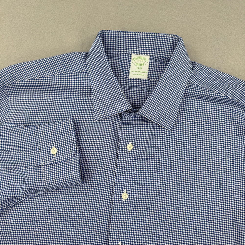 Brooks Brothers Explorer Non-Iron Slim Fit Dress Shirt 17-35 Blue Houndstooth
